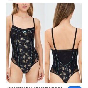 Free People Intimately Say It To Me Floral Mesh Bodysuit Small Black Blue Lace
